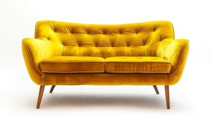Yellow sofa on wooden legs on white background. Upholstered furniture for the living room. Ocher couch isolated 