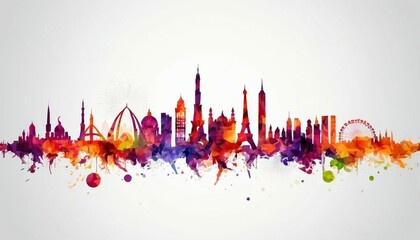 Abstract city skyline background with iconic landmarks and buildings.
