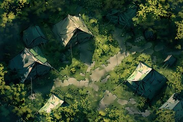 DnD Battlemap War camp battlemap. Eco-friendly battle setting: trees, river, rocks.