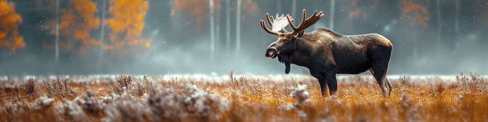 elk moose alces with horns in snowy autumn field on a forest background close up