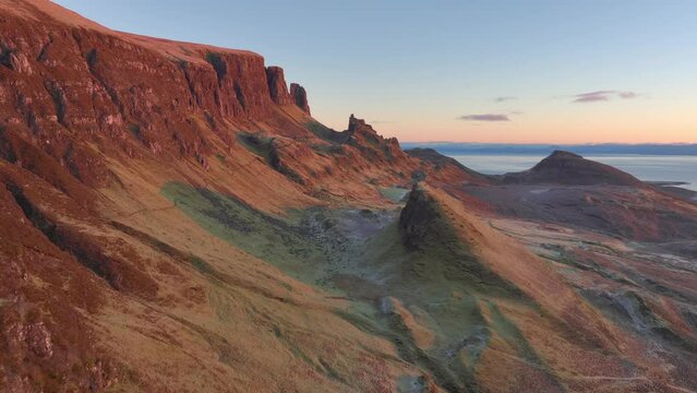 Crumbling Slanted And Pointed Cliffs Of Geological Landslip Bathed In Dawn Light In Winter.The Quiraing, Isle Of Sky, Western Highlands, Scotland, UK.