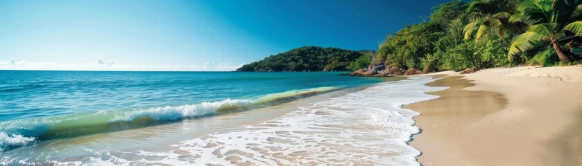 Fototapeta premium Beach scene with clear skies, promotional material emphasizing the link between ecofriendly tourism and ozone recovery