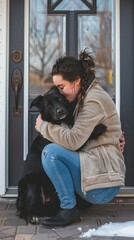 Athlete returning home and hugging their dog at the doorstep, joyful reunion, showcasing the unbreakable bond
