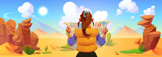 Naklejka premium Canyon desert landscape and woman with map cartoon. Western game background with tourist on sunny day. Drought egyptian or mexican wilderness adventure. Wild dune mountain scene for hot excursion