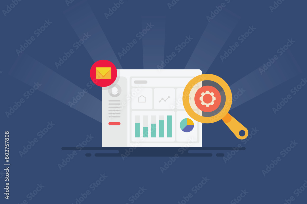 Poster User panel software dashboard display graph and chart diagram data performance report e-business solution vector illustration.