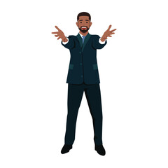 You are welcome! Cheerful black business man gesturing welcome sign and smiling amazed. Flat vector illustration isolated on white background