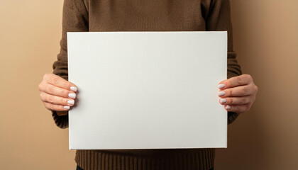 Closeup of hands holding a white blank cardboard, mockup
