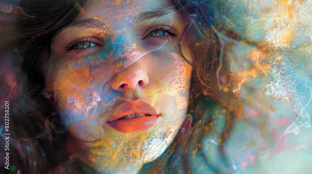 Poster a portrait of a young woman seemingly painted with the precision and detail of a photograph but with