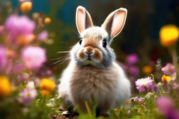 Fototapeta premium cute rabbit among flowers. sunny spring day.