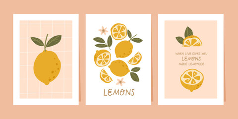 Set of cards with lemons and flowers. Summer posters for interior decoration.
