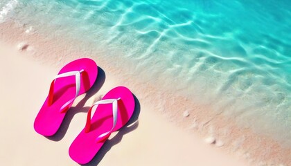 bright summer flip flops on the beach. white sand, blue wave.