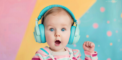 Surprised and exited cute baby with headphones listening to music with room for copy