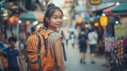 A young woman backpacker in Local market.
