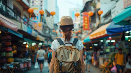 Obraz premium A young woman backpacker in Local market.