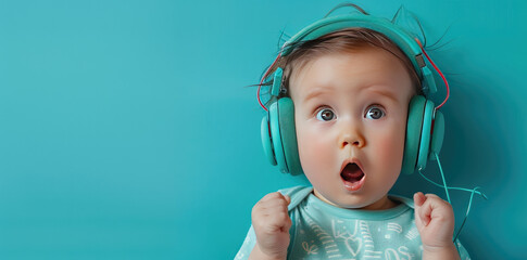 Surprised and exited cute baby with headphones listening to music with room for copy