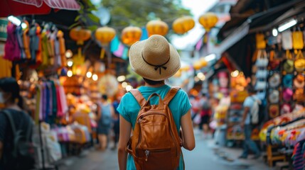 Naklejka premium A young woman backpacker in Local market.