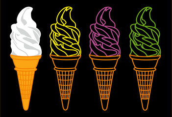 ソフトクリーム４種類、soft serve ice cream、whipped ice cream、バニラ、ストロベリー、抹茶、チョコ
