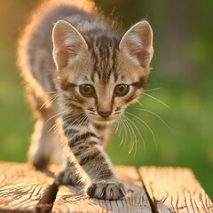 the playful antics of a striped tabby kitten as it walks across a wooden board, delicately lifting its paw to lick its nose. The kitten's fluffy fur and curious expression should be depicted with char