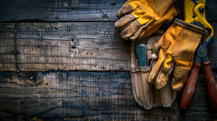 Pliers tool belt and gloves on wooden background