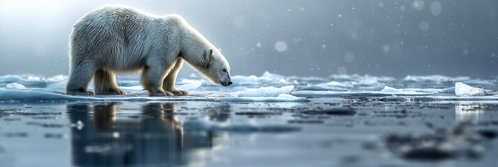 wild white polar bear in Arctic ice near ocean water in winter on cold day