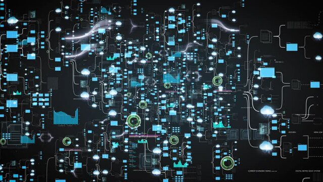 Data structure network with millions of nodes animated on black background, concept for AI data processing, data exchange, cloud computing