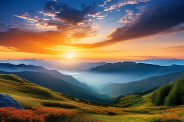 Obraz premium Mountain landscape at sunset, Generative AI