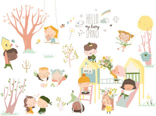 Cute Cartoon Kids enjoying on Playground in Spring Park. Vector Illustration