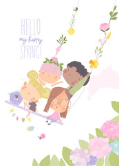 Happy Kids flying on a Swing in Spring Park. Vector Illustration