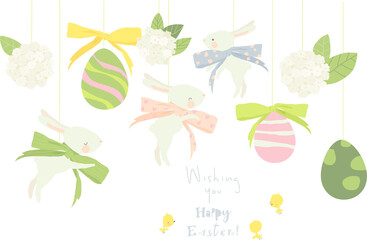 Vector Easter Greeting Card with Cute White Bunnies and Eggs