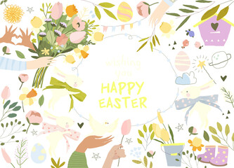 Vector Cartoon Easter Frame with Bunnies, Eggs and Bouquets Of Spring Flowers