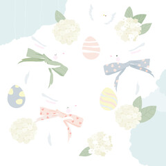 Vector Easter Greeting Card with Cute White Bunnies and Eggs