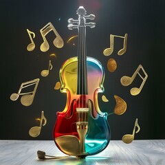 Naklejka premium Glass Symphony: A Colorful Violin with Gilded Music Notes