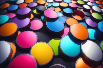 カラフルな丸型のパウダーケースがランダムに配置された背景画像。