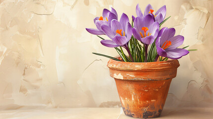 Pot with beautiful crocus flowers on beige background
