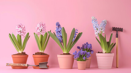Pots shovel and hyacinths on pink background
