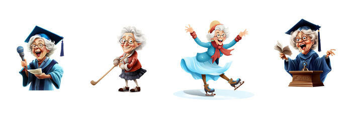 Funny Old woman cartoon with a Fashion dress up funny attitude position transparent background cutout, PNG file