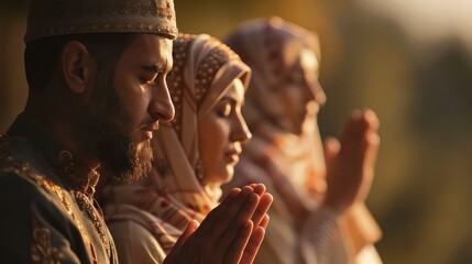 A close-up of a Muslim man and woman praying together in a peaceful setting. 