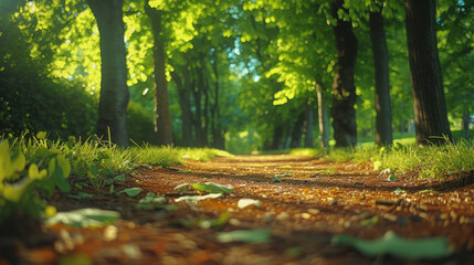 Tranquil low angle view of an empty walk trail in a lush green public park.