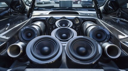 A car audio installation specialist showcasing a range of custom speaker enclosures designed to fit various vehicle models.