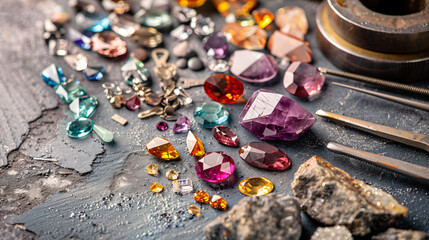 Precious stones and jewelers tools on grey background