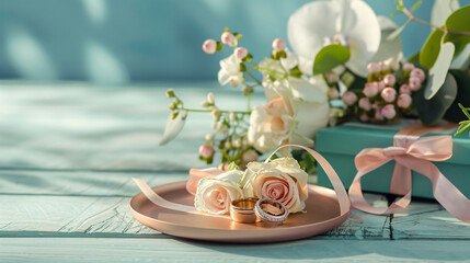 Present flowers and plate with wedding rings on color - obrazy, fototapety, plakaty