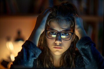 A stunning high-resolution photo of a tired, frustrated girl, distracted from playing on the computer, the photos capture the essence of the moment.