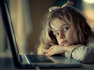 A stunning high-resolution photo of a tired, frustrated girl, distracted from playing on the computer, the photos capture the essence of the moment.
