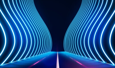 Abstract background neon lights on speedway. Neon led light futuristic in a dark tunnel. Empty space scene, spotlight, virtual reality, cyber futuristic sci-fi technology background. Tech Vector EPS10