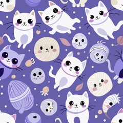 Seamless pattern of cute ghost kittens playing with yarn balls, Generative AI