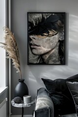 Abstract poster of female with feathers concept living room art picture frame idea