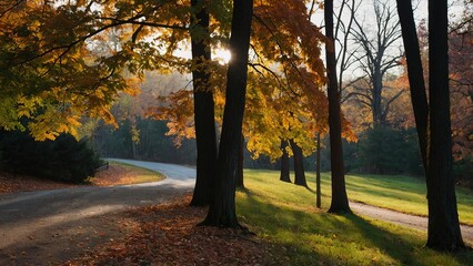 Autumn Trees Along a Driveway Beautiful Green Forest Meets Road, Scenic Autumn Drive Beautiful Trees and Green Forest Along Asphalt Road, Green Forest and Autumn Trees A Beautiful Scene Along an Aspha