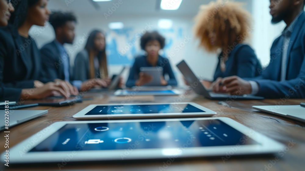 Poster professionals using collaborative software across devices for enhanced productivity and communicatio