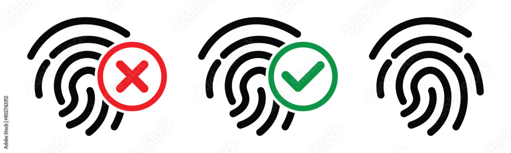 Poster set of fingerprint scan icons. thumb print symbol with approve and disapprove sign. biometric securi