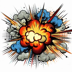 A cartoon explosion cloud with stars and rays, big explosion on a white background, vector...